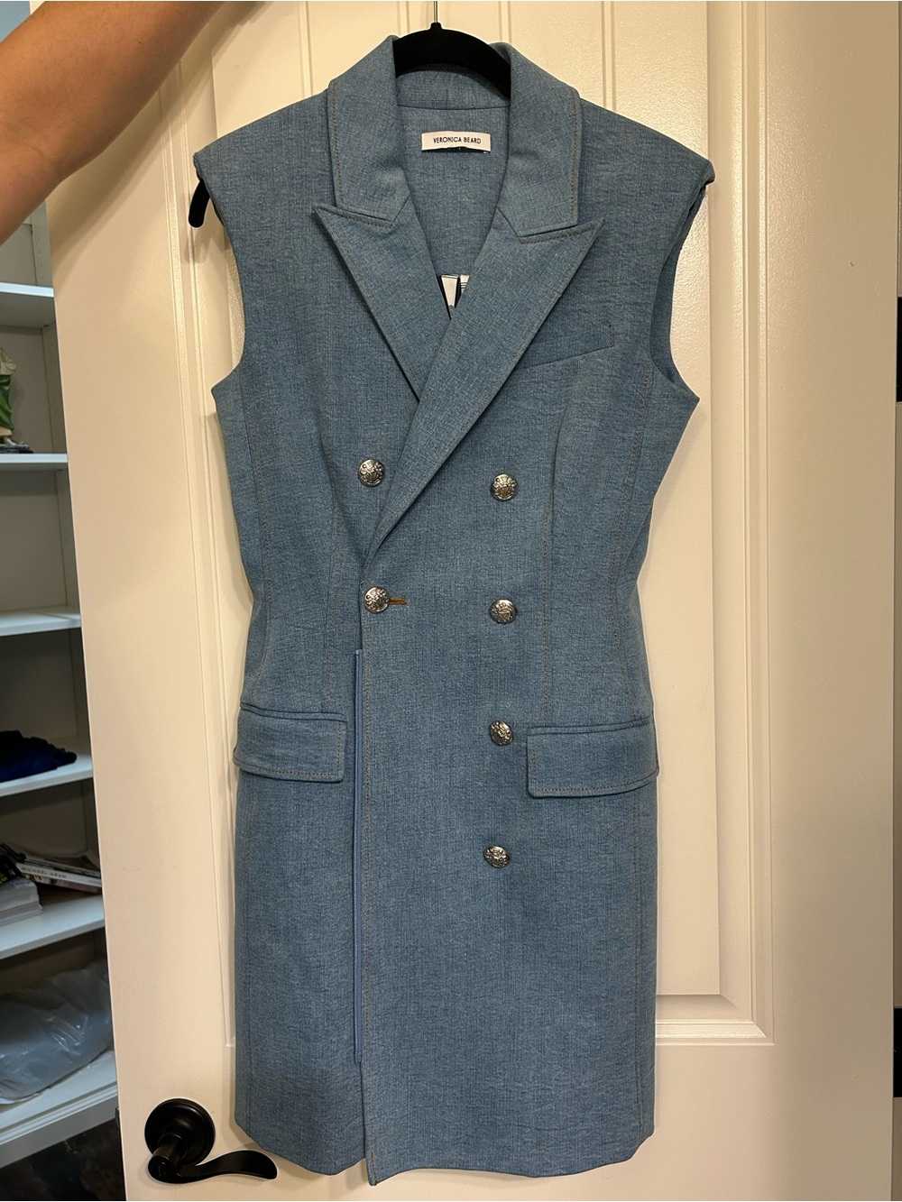 Veronica Beard Sleeveless Double-Breasted Denim-Blue Dress